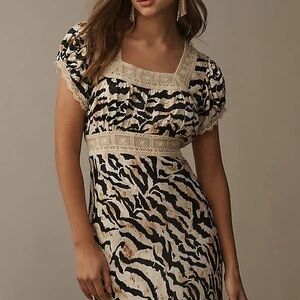 Anthropologie  Conditions Apply neutral Animal Print Maxi Dress with Lace Trim